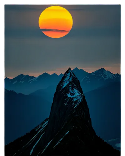 Vibrant sunset, warm golden light, giant bright orange sun, rays spreading outwards, fluffy white clouds, gentle wispy tendrils, majestic mountain range silhouette, panoramic view, dramatic compositio