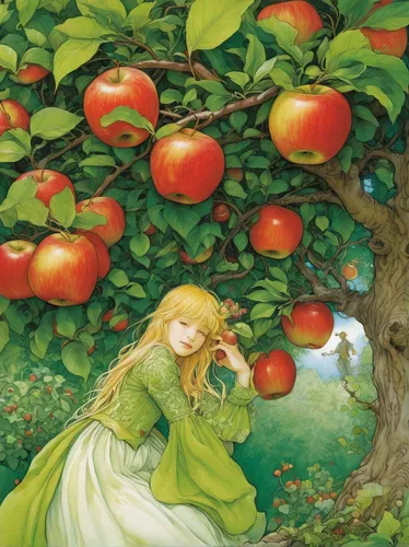 Imagine a whimsical garden where apples have magical properties, granting wishes to those who take a bite.,girl picking apples,picking apple,apple tree,apple harvest,apple orchard,apple trees,sleeping