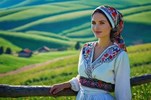 Romanian woman, traditional clothing, white blouse, long sleeves, intricate embroidery, colorful headscarf, wrapped around head, dark hair, warm smile, gentle eyes, standing, rural landscape, rolling 