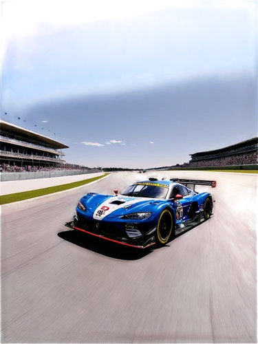 Racing track, Americas Circuit, sunny day, blue sky, white clouds, grandstand, racing cars, speeding, drifting, screeching sound, smoke effects, dynamic camera angle, low-angle shot, dramatic lighting