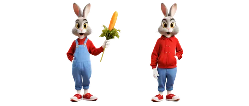 Cartoon character, Bugs Bunny, funny face, yellow fur, big eyes, white gloves, red sneakers, holding a carrot, standing pose, leaning forward, comedic expression, exaggerated eyebrows, bright colorful