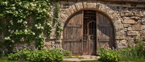 Rustic, vintage architectural details, Minnesota prairie landscape, old wooden barn, worn stone walls, ornate metal gates, ivy-covered brick facade, stained glass windows, intricate door carvings, wea