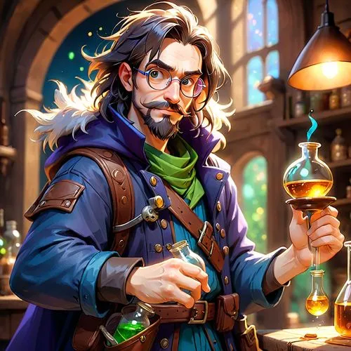 a man holding an item in his hand while wearing glasses,brewmaster,alchemist,apothecary,arcanjo,barranger,reza,Anime,Anime,General