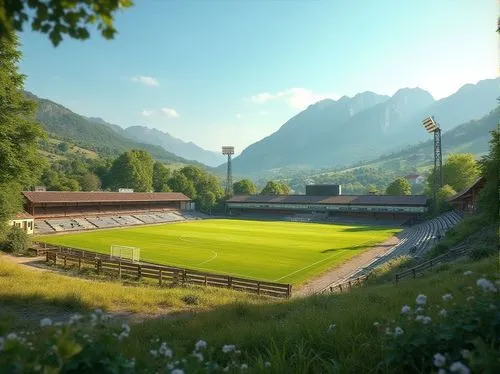 Rural football stadium, lush green grass, natural rolling hills, rustic wooden fences, vintage scoreboard, rural landscape views, distant mountain ranges, clear blue sky, warm sunny day, soft diffused