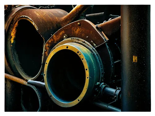 Corroded metal, rusted surface, decaying pipes, worn-out machinery, old factory setting, dark ambiance, warm color tone, high contrast lighting, close-up shot, detailed textures, rough edges, metallic