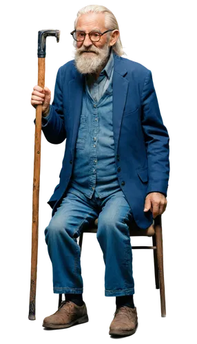 Super old man, extremely aged, white hair, long beard, wrinkled face, age spots, thin glasses, worn-out clothes, walking stick, sitting on a chair, gentle smile, warm lighting, soft focus, cinematic c