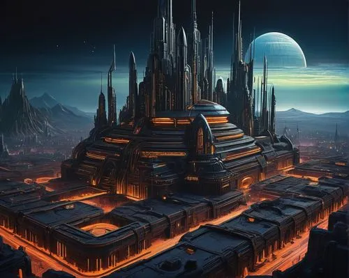 Galactic Empire, futuristic, sci-fi, ancient alien ruins, towering skyscrapers, grandiose palaces, metallic structures, intricate details, laser-cut designs, neon lights, holographic advertisements, b