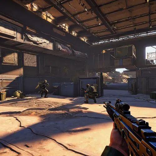 screenshot,shooter game,shooting range,factory hall,industrial hall,yellow machinery,overpass,empty factory,half life,hangar,crosshair,mining facility,lobby,facility,combat pistol shooting,warehouse,graphics,quad,jackal,locust,Illustration,Retro,Retro 02