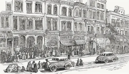 july 1888,galata,street scene,1905,hand-drawn illustration,1906,old street,1900s,vintage drawing,fuller's london pride,1921,vauxhall,tenement,1925,1920s,1926,1940,cordwainer,illustration of a car,mono-line line art,Illustration,Black and White,Black and White 29