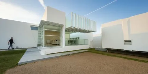 a modern house with grass and a guy walking outside,cubic house,cube house,modern house,modern architecture,corbu,macba,Photography,General,Realistic