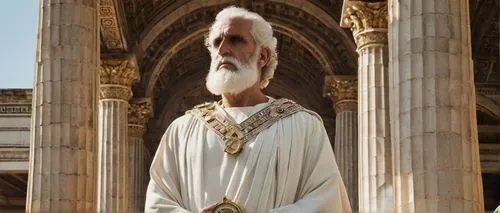 Ancient Roman architect, Marcus Vitruvius Pollio, standing in front of a grandiose Roman temple, wearing traditional white toga, holding a large scroll and a compass, wispy white beard, aged face, ser