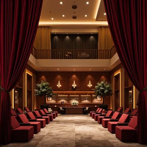 Rich velvet curtains, warm golden lighting, elegant wooden accents, comfortable plush seating, subtle soundproofing details, modern minimalist architecture, spacious high ceilings, grand chandeliers, 