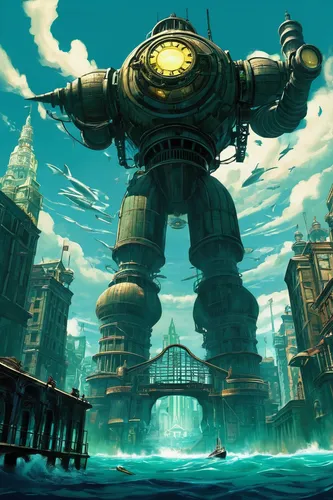 <em>Bioshock</em>'s Rapture is an objectivist paradise, an underwater city free from the stranglehold of the state.,steampunk,atlantis,aquanaut,underwater playground,diving bell,fantasy city,sea fanta