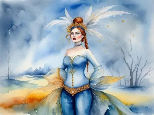 standing all by myself  at a misty sky ,suit of the snow maiden,the snow queen,fantasy woman,fairy queen,watercolor pin up,fairy peacock,faerie,fairy tale character,white rose snow queen,imbolc,faery,