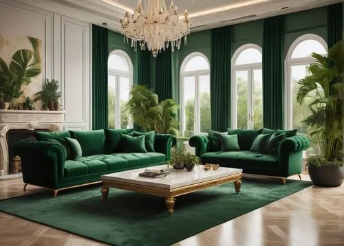 Luxurious green interior design, modern villa, spacious living room, emerald green walls, cream-colored marble floor, elegant crystal chandelier, plush velvet sofa, intricately carved wooden coffee ta