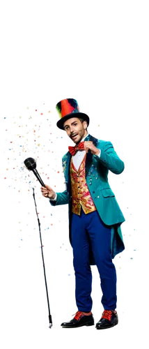 Circus musician, spotlight center, colorful costume, top hat, holding microphone, energetic pose, shiny shoes, bright stage lights, confetti surrounding, festive atmosphere, 3/4 composition, low-angle