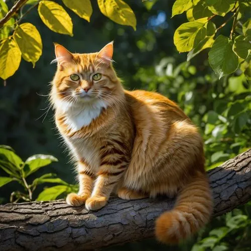 A bright yellow cat sits on a tree branch, gazing out at the lush green forest below. In her paws, she wears a pair of glasses and a top hat, and she gazes intently ahead, taking in the sights and sou