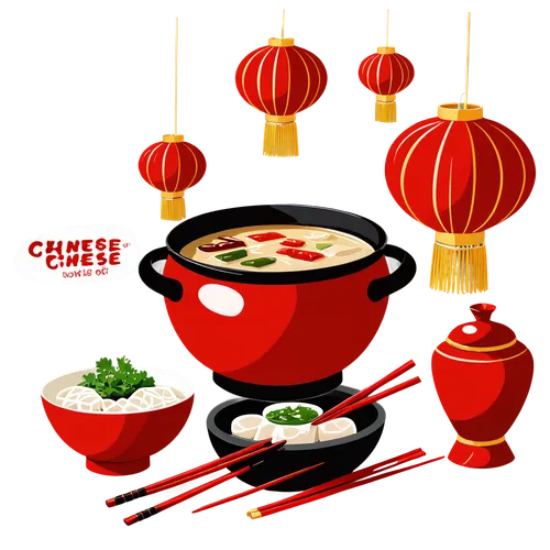 Traditional Chinese cuisine, colorful dishes, steaming hot pot, delicate ceramic tableware, ornate chopsticks, vibrant red lanterns, soft natural lighting, shallow depth of field, warm color tone, 3/4