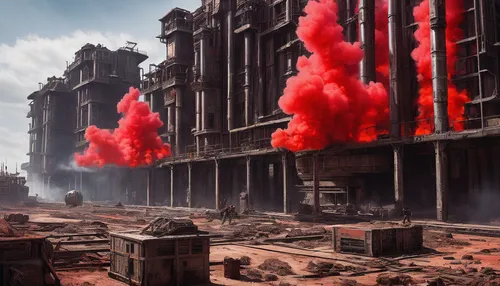 Imagine a dystopian future where acid red sodium is used as a powerful weapon against rebels.,post-apocalyptic landscape,destroyed city,warsaw uprising,post apocalyptic,post-apocalypse,apocalyptic,sta