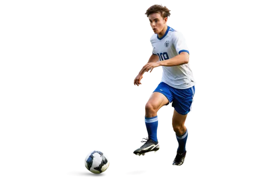 male soccer player, athletic build, short hair, determined facial expression, sweat droplets on forehead, white jersey with number 10, blue shorts, black socks, shin guards, cleats, kicking ball, dyna