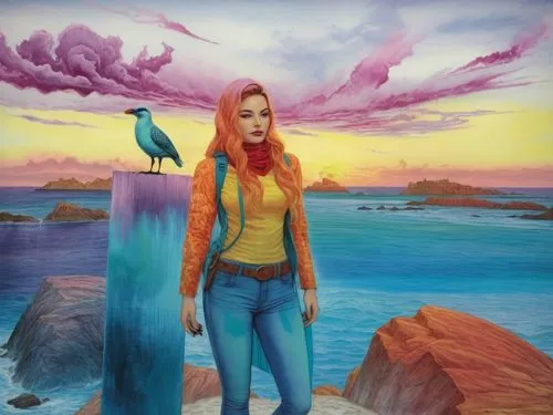 painting of young woman standing on large rock next to ocean with bird in sky,girl with a dolphin,jasinski,fantasy picture,fantasy art,welin,birds of the sea,Illustration,Realistic Fantasy,Realistic F