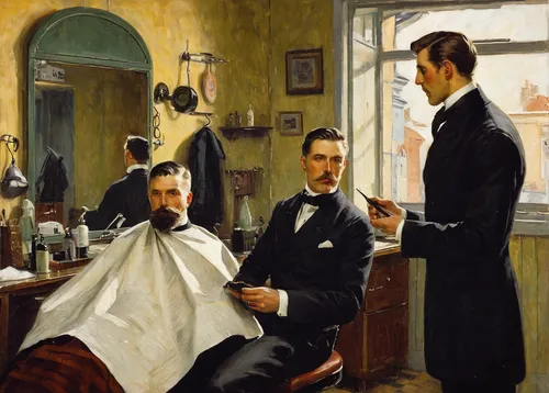 barber shop,barbershop,the long-hair cutter,barber,hairdresser,salon,hairdressers,hairdressing,the victorian era,casement,personal grooming,appointment,grooms,men sitting,barberini,shoemaker,gentlemanly,beauty salon,british semi-longhair,1900s,Art,Classical Oil Painting,Classical Oil Painting 12