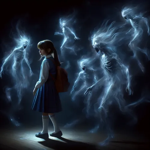 mystical portrait of a girl,ghost girl,spirits,lightning,sci fiction illustration,girl walking away,paranormal phenomena,dark art,lightning storm,little girl in wind,lightning bolt,ghosts,world digital painting,magical,bioluminescence,fireflies,apparition,electrified,thunderstorm,light streak