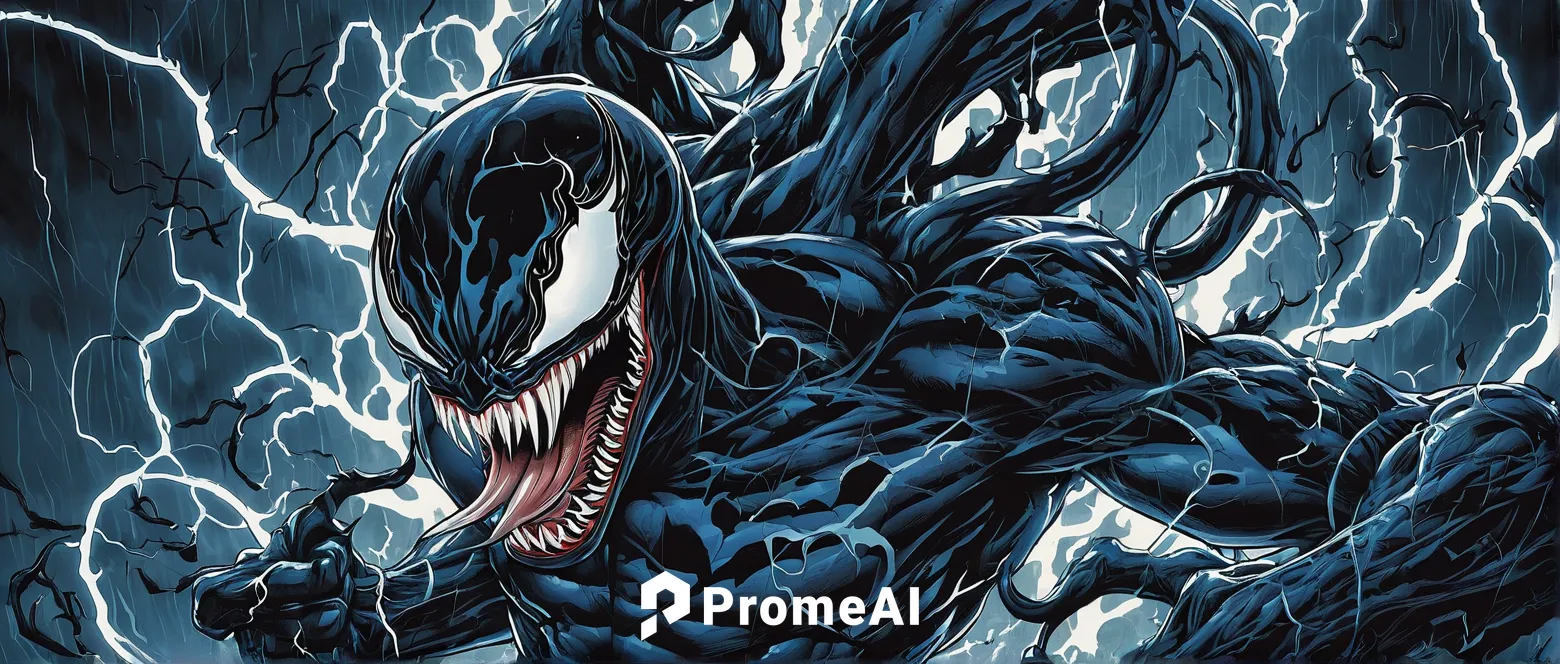 Create a mesmerizing drawing of Venom enveloped in a thunderstorm's fury.,venom,venomous,thunder snake,tornado,spawn,godzilla,poseidon,god of thunder,electro,sea devil,predator,destroy,seismic,kraken,