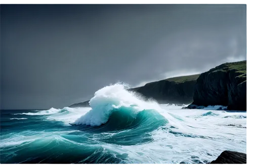 Seaside scenery, ocean wave sounds, crashing waves, white foam, turquoise water, rocky coast, misty atmosphere, dramatic lighting, low-angle shot, wide-angle lens, vibrant blue tone, cinematic composi