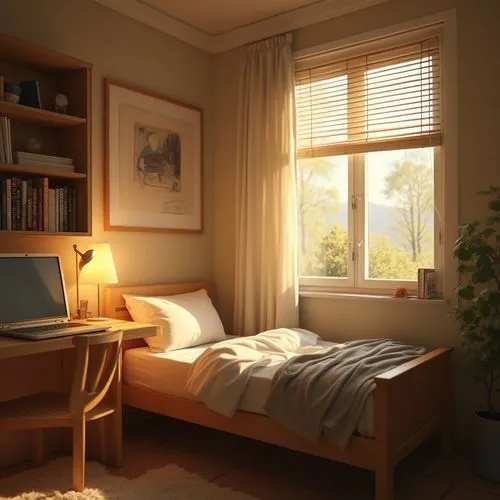 morning light,bedroom,modern room,roominess,guestroom,dorm,sleeping room,guest room,danish room,room,japanese-style room,3d rendering,bedroom window,windowblinds,3d render,dormitory,window blinds,3d rendered,morning sun,one room,Photography,General,Realistic