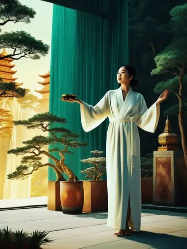 In a surreal landscape, a woman dressed in a white robe stand tall, holding a gold lacquer in her hand. The painting depicts a serene forest filled with green plants and lush greenery, that contrasts 