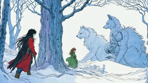 the snow queen,red riding hood,fairy tales,children's fairy tale,a fairy tale,fairy tale,little red riding hood,fairytale characters,eternal snow,heroic fantasy,howl,fairytales,snow white,the three magi,two wolves,white rose snow queen,suit of the snow maiden,wolf couple,cover,fairy tale character,Illustration,Realistic Fantasy,Realistic Fantasy 04