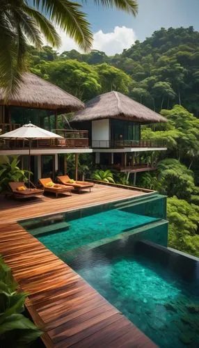 amanresorts,tropical greens,tropical house,mustique,pool house,paradis,tropical island,infinity swimming pool,tropical jungle,floating huts,secluded,tailandia,holiday villa,luxury property,underwater oasis,seclude,dreamhouse,tropical forest,tropics,house by the water,Conceptual Art,Fantasy,Fantasy 15