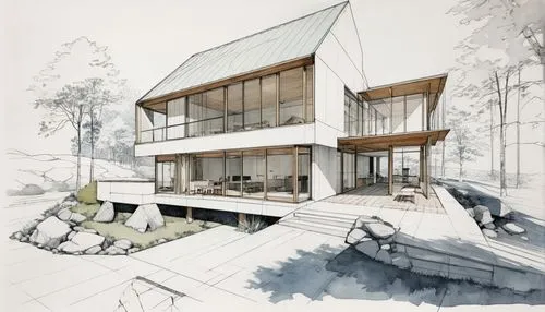 the house has glass windows on both sides of it,house drawing,passivhaus,cohousing,timber house,sketchup,arkitekter,Unique,Design,Blueprint