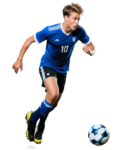 Male soccer player, athletic build, short messy hair, sweat dripping from forehead, intense expression, bright blue eyes, muscular legs, white soccer jersey with number 10, black shorts, shin guards, 