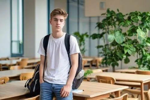 Daniel, college student, male, 20yo, casual wear, blue jeans, white T-shirt, black sneakers, backpack, books, architectural model, pencil case, serious facial expression, standing, interior, modern un