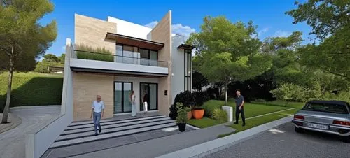 DISEÑO EXTERIOR DE UNA CASA ESTILO RESIDENCIAL, CON MUROS CON MARMOL TRAVERTINO Y MUROS EN COLOR BLANCO Y GRIS, AÑADE AUTOS, PERSONAS Y VEGETACIÓN,CORRECCION DE ERRORES, FOTOGRAFIA HIPERREALISTA,two m