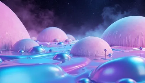 Vibrant futuristic blobs, iridescent sheen, neon hues, electric blue accents, pastel pink undertones, metallic silver reflections, glossy finishes, luminescent glows, atmospheric mist, soft gradient t