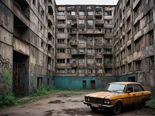 Gloomy Soviet brutalist building, concrete structure, fortress-like walls, narrow windows, iron gates, rusty metal doors, crumbling stucco facade, overcast sky, Moscow cityscape, urban landscape, negl