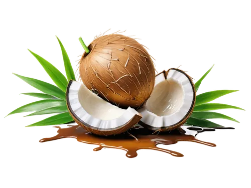 Coconut, brown shell, white coconut meat, green leaves, tropical fruit, solo, close-up, macro photography, shallow depth of field, soft natural light, warm color tone, transparent background.,king coc