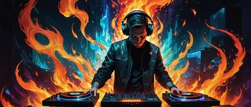 A DJ playing music from digital ashes in a blaze of holographic flames,dj,djj,turntablism,turntablist,fire artist,fire background,turntables,djn,fire master,disc jockey,buuren,zoltar,turntablists,cook