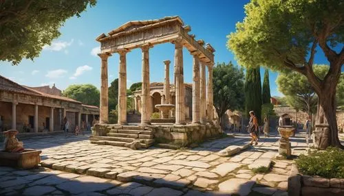 Ancient Greek agora, Doric columns, stone pavement, ornate fountain, surrounding trees, blue sky with white clouds, warm sunlight, dramatic shadows, 3/4 composition, low-angle shot, historic atmospher