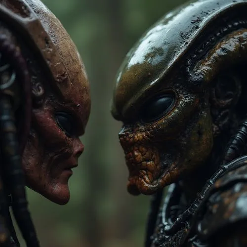 alien vs predator,two aliens staring into each other with their eyes open,staredown,faceoff,avp,face to face,alien,alien warrior