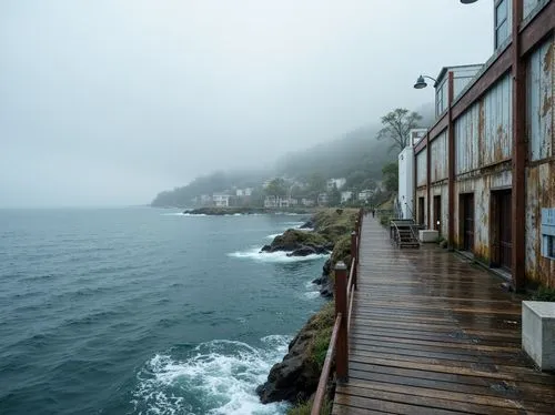 esalen,clovelly,simonstown,ventnor,oceanfront,lynmouth,heceta,shorefront,catalina island,seaside view,donostia,whitehead,looe,foggy day,grey sea,scripps pier,seacliff,harbors,bolinas,zumthor