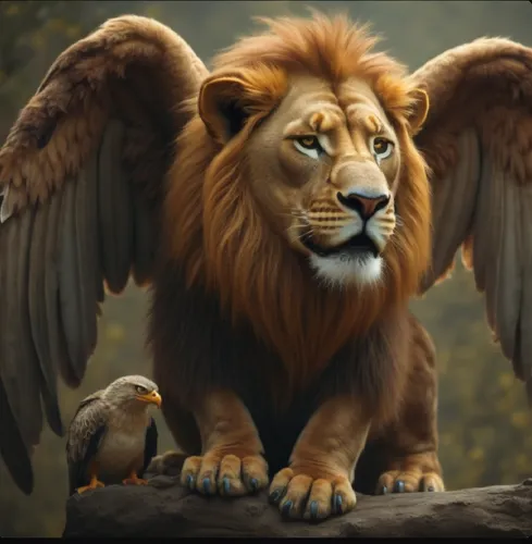 an art image of a lion and a bird,aslan,forest king lion,leonine,lion,lion father,griffon