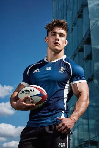 Muscular man, rugby player, 25yo, strong facial features, messy short hair, sweaty skin, athletic build, sporty clothing, holding a rugby ball, standing in front of a grand, modern, glass-enclosed arc