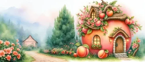 fairy village,houses clipart,cottage garden,cartoon video game background,fairyland,fairy tale castle