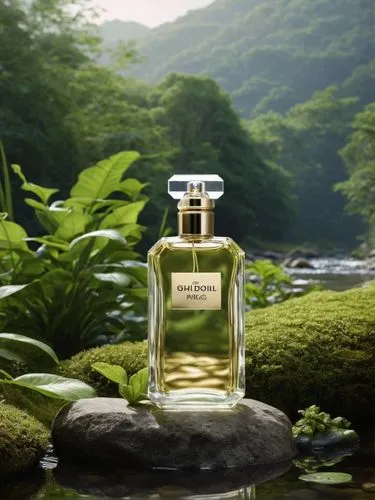 a bottle of cologne is sitting on the rocks,scent of jasmine,natural perfume,parfumerie,parfum,fragrance,coconut perfume,Photography,General,Natural