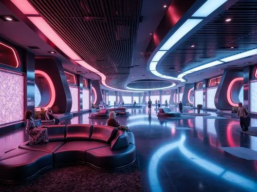 spaceship interior,ufo interior,retro diner,spaceship space,nightclub,spaceland,sky space concept,spaceliner,spaceport,futuristic landscape,tgv,futuristic,3d render,scifi,futuristic art museum,spaceship,80's design,cyberscene,computer room,cybercity