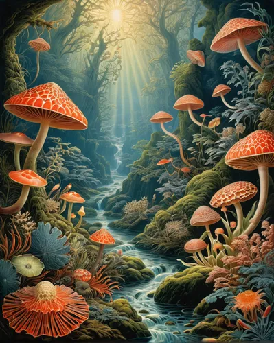 mushroom landscape,mushroom island,mushrooms,forest mushrooms,toadstools,forest mushroom,club mushroom,agaric,fungi,fairy forest,fungal science,umbrella mushrooms,fairy world,edible mushrooms,underwater landscape,mushrooming,mushroom type,champignon mushroom,brown mushrooms,medicinal mushroom,Illustration,Retro,Retro 24